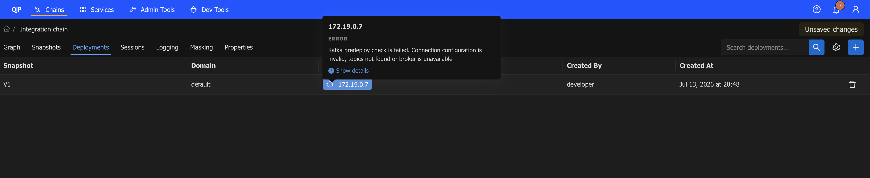 QIP deployments interface showing chain deployment status