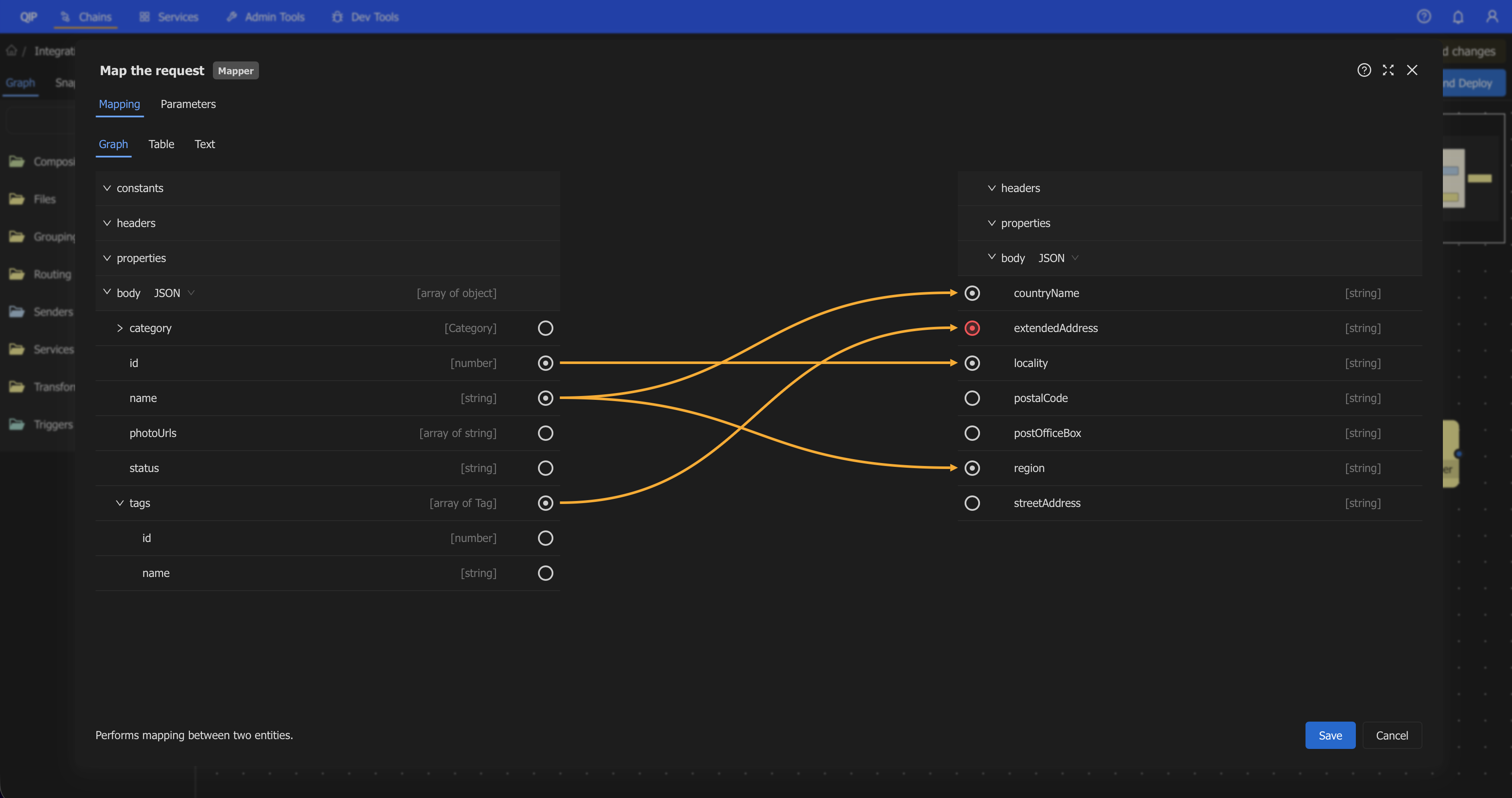 QIP Mapper interface configuring a data transformation