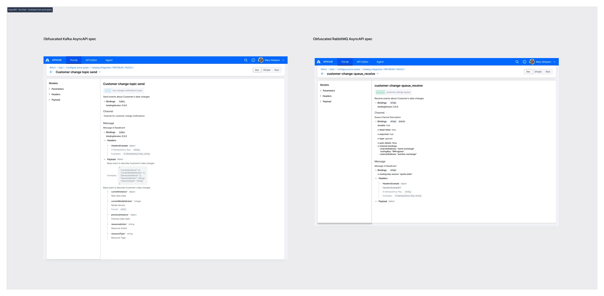 AsyncAPI DocView showing SEND/RECEIVE operations with channel and binding details